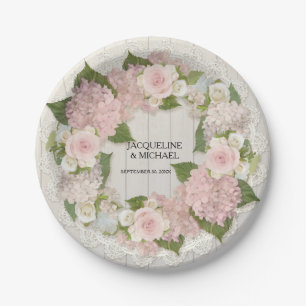 Wedding Reception Pink Hydrangea Roses Lace n Wood Paper Plate
