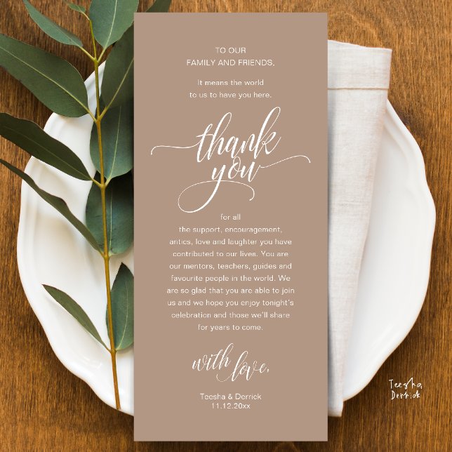 Wedding Reception Place Setting Thank You Card (Modern Script Wedding Guest Dinner Reception Brunch Lunch Thank You Card in Warm Chic Taupe Brown)