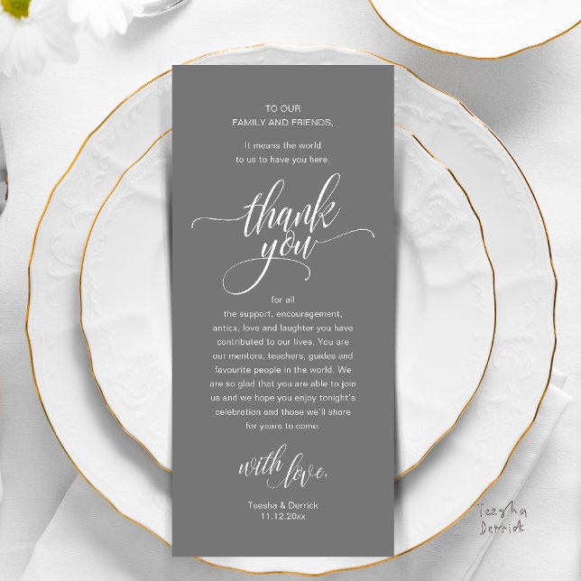 Wedding Reception Place Setting Thank You Card (Modern Script Wedding Guest Dinner Reception Brunch Lunch Thank You Card in Classy Warm Dark Grey)
