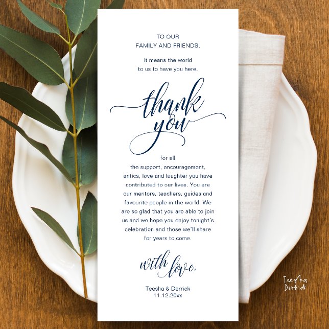 Wedding Reception Place Setting Thank You Card (Modern Script Wedding Guest Dinner Reception Brunch Lunch Thank You Card in Classy Navy Blue)