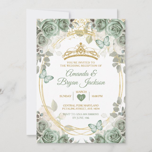 Wedding Reception Sage Green Gold Crown Butterfly Invitation (Front)