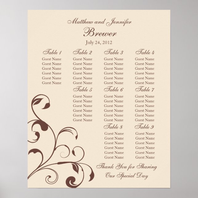 Wedding Reception Seating Chart - Standard Sizes (Front)