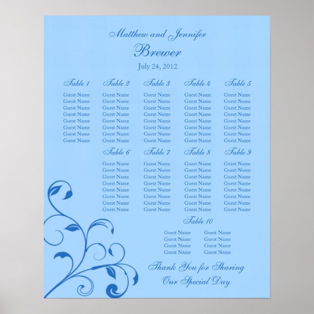 Wedding Reception Seating Chart - Standard Sizes (Front)