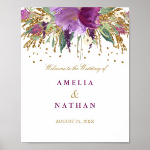 Wedding Reception Sign Floral Glitter Amethyst