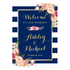 Wedding Reception Sign Floral Navy Blue Stripes