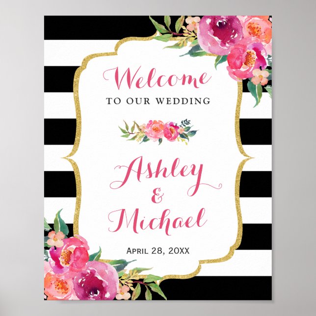 Wedding Reception Sign Fuchsia Purple Pink Floral (Front)