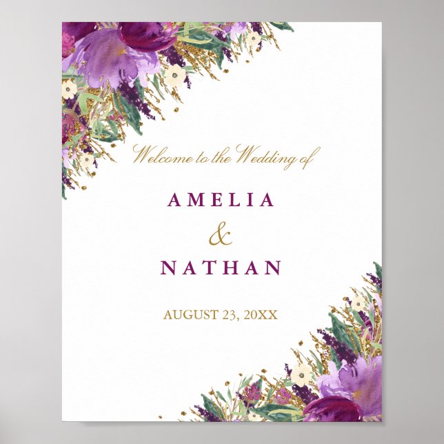 Wedding Reception Sign Purple Floral Glitter (Front)