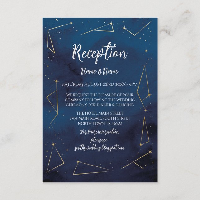 Wedding Reception Star Signs Navy Gold Enclosure Card (Front)