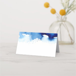 WEDDING RECEPTION stylish watercolor splash blue Place Card