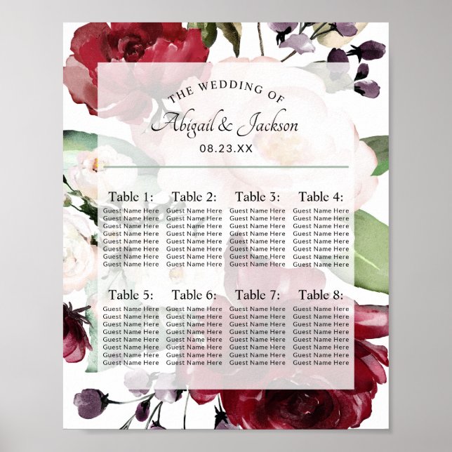 Wedding Reception Table Number Seating Chart Sign (Front)