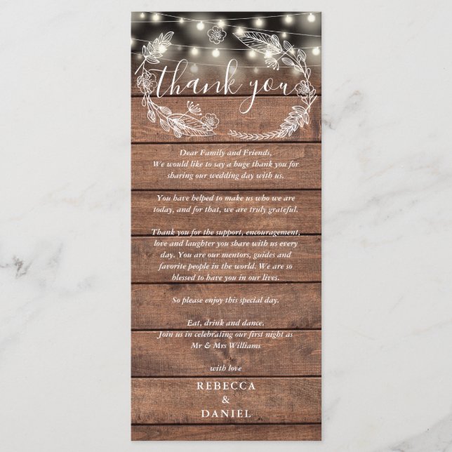 Wedding Reception Thank You Rustic Place Card (Front)
