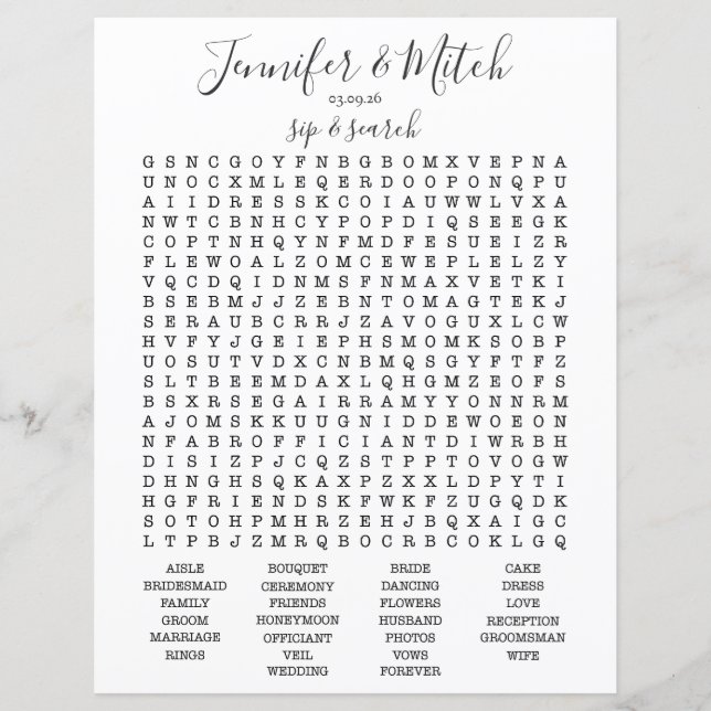 Wedding Reception Word Search Game, Custom Game (Front)