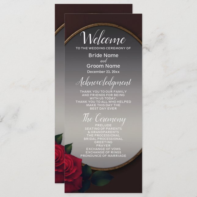 Wedding Red Blush Floral Silver Gray Mirror Programme (Front/Back)