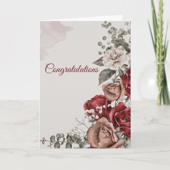 Wedding Red Bronze White Roses Congratulations Card (Front)