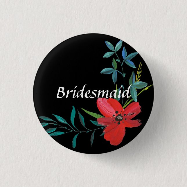 Wedding Red Flower Floral Bridesmaid Button (Front)