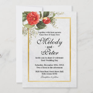 Wedding Red Flowers Gold Gray Festive Christmas Invitation