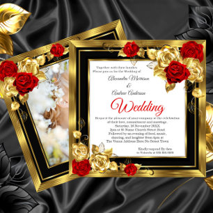 Wedding Red Gold Roses Black Gold Photo Invitation