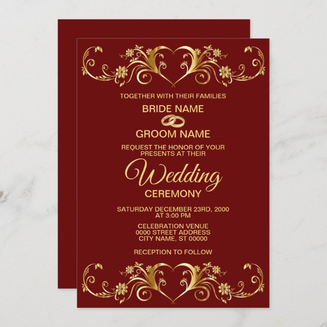 Wedding  Red Golden Geometric Pattern Elegant Invitation (Front/Back)