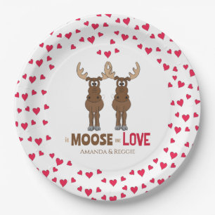 Wedding Red Hearts Cute Moose Whimsical Custom Paper Plate