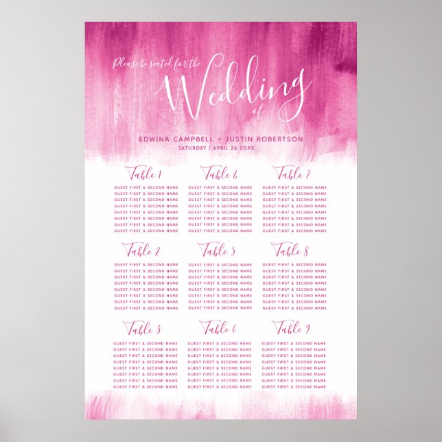 Wedding red pink abstract art table plan poster (Front)