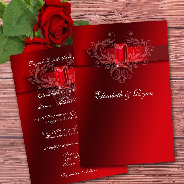 Wedding Red Satin Ribbon Sparkling Ruby Invitation (Creator Uploaded)