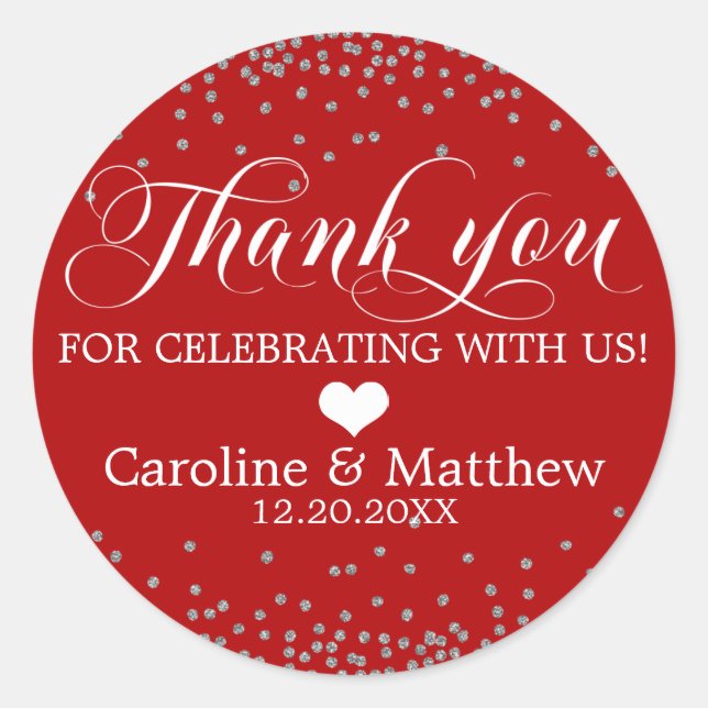 Wedding Red Sprinkle Sparkle Silver THANK YOU Classic Round Sticker (Front)