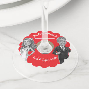 wedding RED vibrant brown cartoon doctors Wine Glass Tag