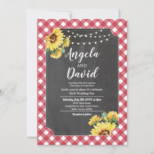 Wedding Red White Sunflower Gingham Floral Lights Invitation (Front)
