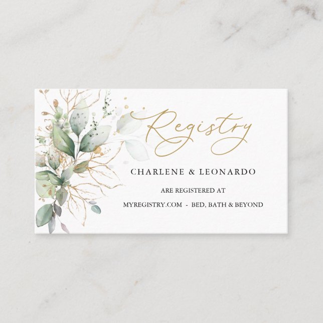 Wedding Registry Greenery Gold Floral Place Card (Front)