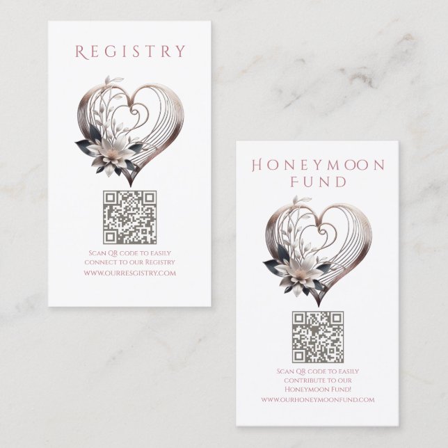 Wedding Registry-Modern Pink Heart with Flowers Business Card (Front/Back)