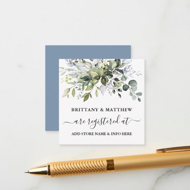 Wedding Registry Watercolor Greenery Dusty Blue Enclosure Card (Front/Back In Situ)