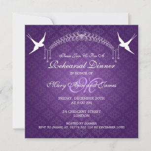 Wedding Rehearsal Dinner Birds Monogram Purple Invitation