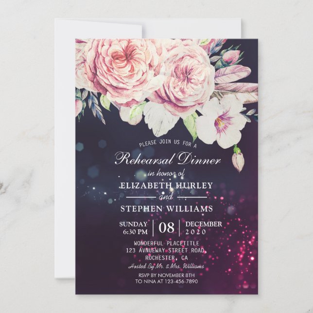 Wedding Rehearsal Dinner Boho Floral Purple Lights Invitation (Front)