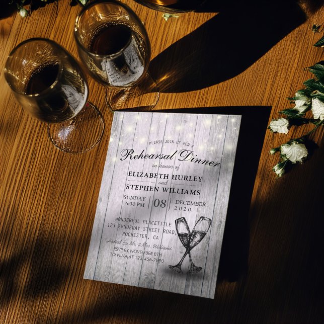 Wedding Rehearsal Dinner Champagne Glasses Wood Invitation (Creator Uploaded)