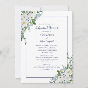 Wedding Rehearsal Dinner Elegant Floral Blue White Invitation