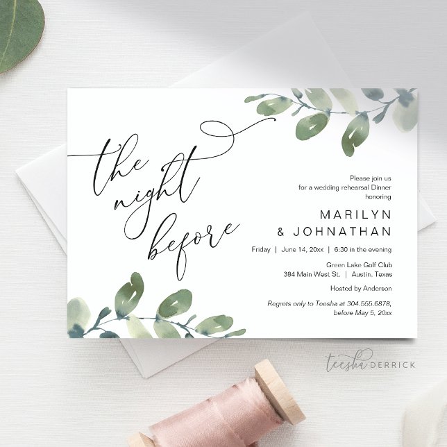 Wedding Rehearsal Dinner, Eucalyptus Greenery Invitation (Wedding Rehearsal Dinner, Eucalyptus Greenery Invitation Card, The Night before, Modern Minimal)