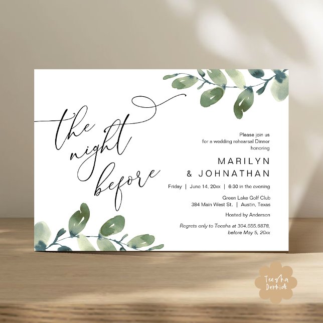 Wedding Rehearsal Dinner, Eucalyptus Greenery Invitation (The Night Before, Classy Wedding Rehearsal Dinner Invitation Card PDF Eucalyptus Greenery Sage )