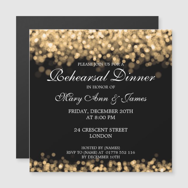 Wedding Rehearsal Dinner Gold Lights Magnetic Invitation (Front/Back)