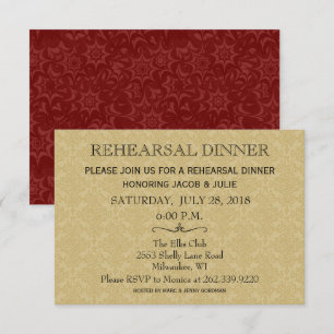 Wedding Rehearsal Dinner / Gold & Maroon Damask Invitation