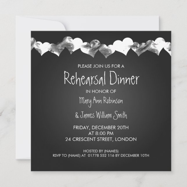 Wedding Rehearsal Dinner Grunge Hearts Black Invitation (Front)