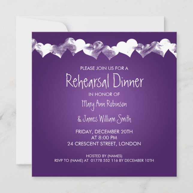 Wedding Rehearsal Dinner Grunge Hearts Purple Invitation (Front)