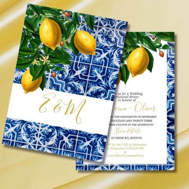 Wedding Rehearsal Dinner Lemon Blue Tile Chic Invitation (Creator Uploaded)