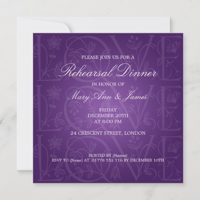 Wedding Rehearsal Dinner Love Flourish Purple Invitation (Front)
