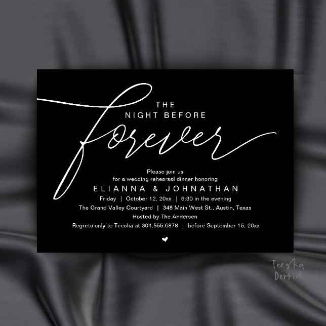 Wedding Rehearsal Dinner, Modern Elegant Script Invitation (The Night Before Forever, Wedding Rehearsal Dinner, Modern Elegant Invites Card in Black and White)