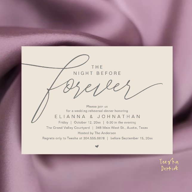 Wedding Rehearsal Dinner, Modern Elegant Script Invitation (The Night Before Forever, Wedding Rehearsal Dinner, Modern Elegant Invites Card in Cream Grey)