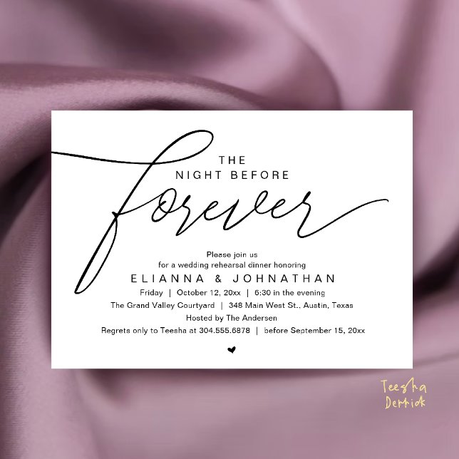 Wedding Rehearsal Dinner, Modern Elegant Script Invitation (The Night Before Forever, Wedding Rehearsal Dinner, Modern Elegant Invites Card in Black and White)