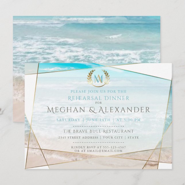 Wedding Rehearsal Dinner | Modern Monogram Beach Invitation (Front/Back)