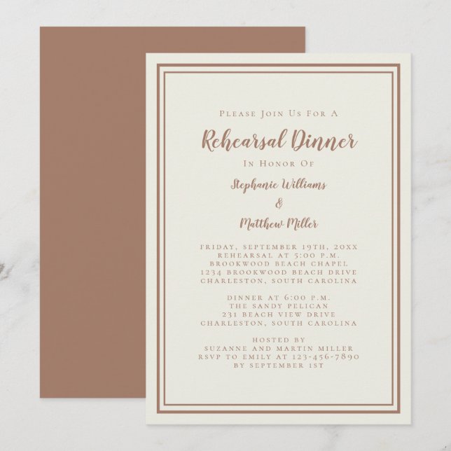 Wedding Rehearsal Dinner Modern Rustic Mocha Brown Invitation (Front/Back)