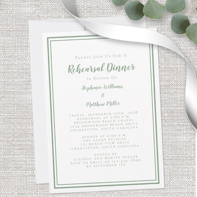 Wedding Rehearsal Dinner Modern Sage Green White Invitation (Creator Uploaded)
