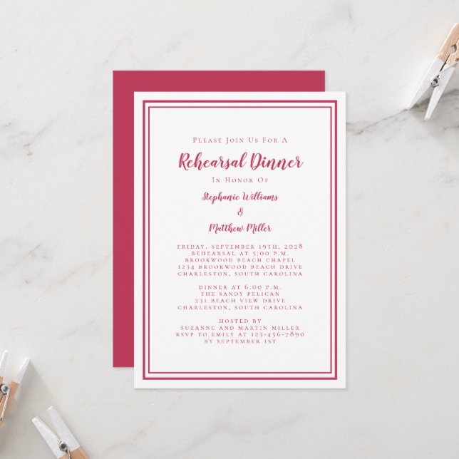 Wedding Rehearsal Dinner Modern Simple Magenta Red Invitation (Front/Back In Situ)
